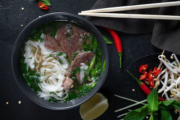 Bowl of beef pho with rice noodles, herbs and chili